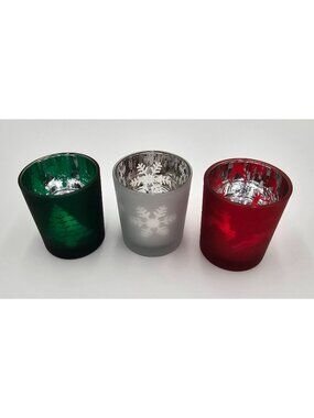 Slatkin & Co Xmas Frosted Glass Votive Candle Holders 3 Festive Holiday Decor